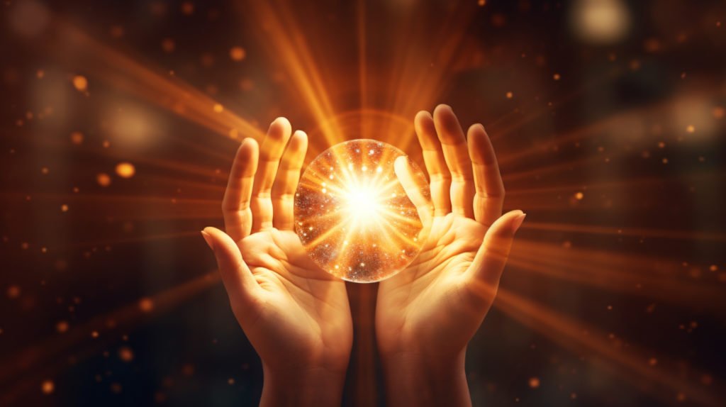 Medical Qigong Womans hand creates a frame in front of the sun