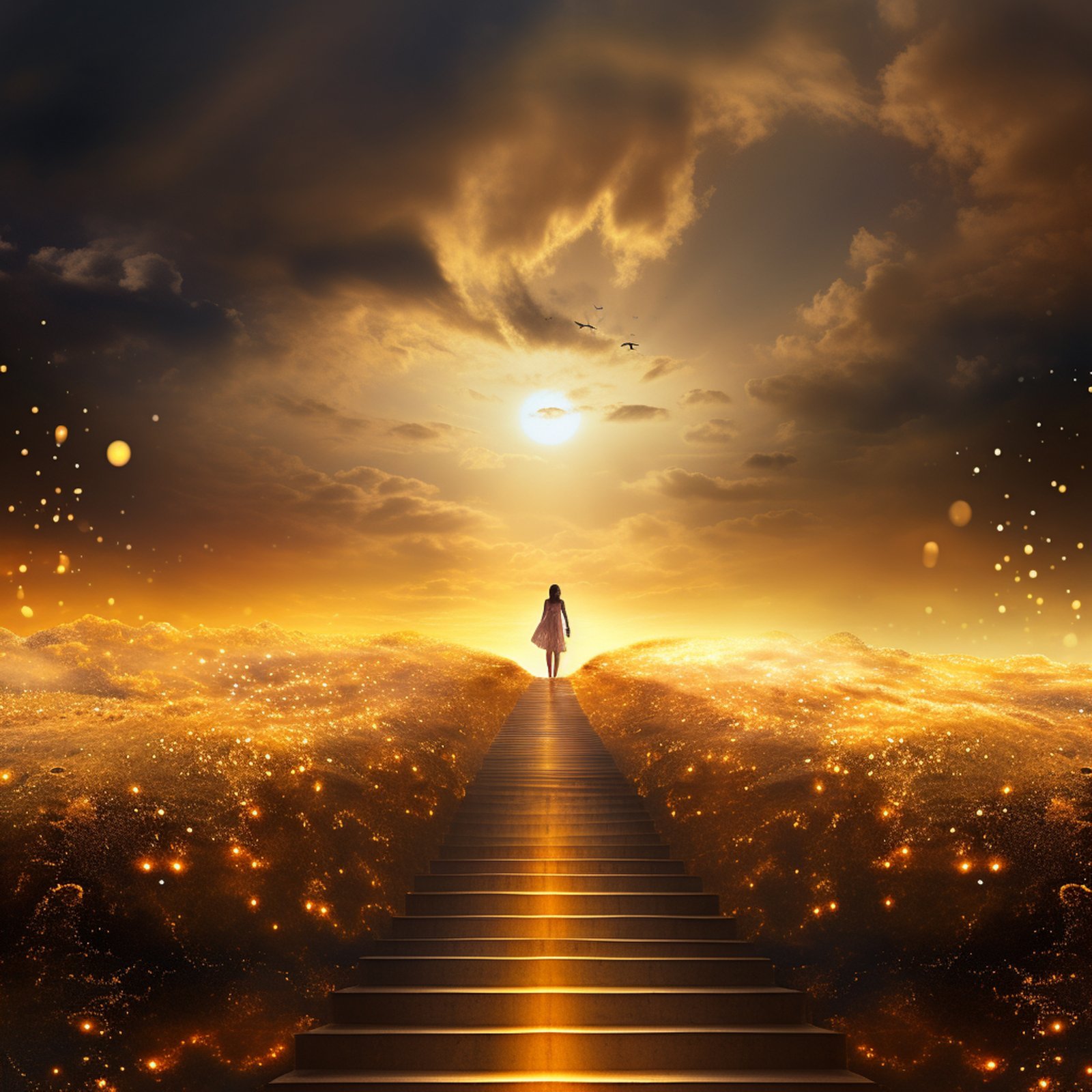 arafed image of a person walking up a flight of stairs generative ai